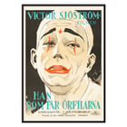 Vintage movie poster of He Who Gets Slapped by Eric Rohman featuring a clown face with red makeup. Poster of He Who Gets Slapped by Eric Rohman featuring a sad clown face with dramatic makeup and bold text in Swedish.