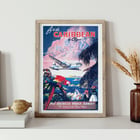 Fly to the Caribbean by Clipper artwork by Mark Von Arenburg depicting Pan American World Airways plane. Poster of Pan American World Airways promoting Caribbean flights by clipper showcasing vibrant tropical scenery by Mark Von Arenburg.