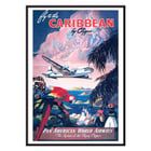 Fly to the Caribbean by Clipper artwork by Mark Von Arenburg depicting Pan American World Airways plane. Poster of Pan American World Airways promoting Caribbean flights by clipper showcasing vibrant tropical scenery by Mark Von Arenburg.