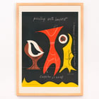 Colorful abstract figures on a dark background by Sam Maitin titled Printing with an impact. Poster with abstract shapes in brown, red, and yellow by artist Sam Maitin titled Printing with an impact.
