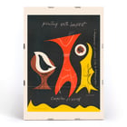 Colorful abstract figures on a dark background by Sam Maitin titled Printing with an impact. Poster with abstract shapes in brown, red, and yellow by artist Sam Maitin titled Printing with an impact.