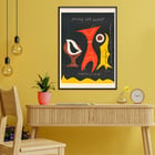 Colorful abstract figures on a dark background by Sam Maitin titled Printing with an impact. Poster with abstract shapes in brown, red, and yellow by artist Sam Maitin titled Printing with an impact.