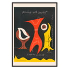Colorful abstract figures on a dark background by Sam Maitin titled Printing with an impact. Poster with abstract shapes in brown, red, and yellow by artist Sam Maitin titled Printing with an impact.