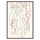 Eric Gill artwork titled Twenty-five Nudes featuring three stylized nude figures. Poster artwork showing three abstract nude figures with red text reading Twenty-five nudes by Eric Gill.