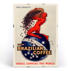 Promotional artwork by Jean d'Ylen titled For quality drink Brazilian coffee Brazil supplies the world featuring a red figure pouring coffee beans. A vintage poster by Jean d'Ylen promoting Brazilian coffee featuring a red figure pouring coffee beans over a globe.