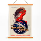Promotional artwork by Jean d'Ylen titled For quality drink Brazilian coffee Brazil supplies the world featuring a red figure pouring coffee beans. A vintage poster by Jean d'Ylen promoting Brazilian coffee featuring a red figure pouring coffee beans over a globe.