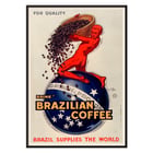 Promotional artwork by Jean d'Ylen titled For quality drink Brazilian coffee Brazil supplies the world featuring a red figure pouring coffee beans. A vintage poster by Jean d'Ylen promoting Brazilian coffee featuring a red figure pouring coffee beans over a globe.