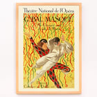Colorful masquerade ball poster by Leonetto Cappiello titled Théâtre National De L’opéra Grand Bal De La Mi-Carême featuring dancers with vibrant streamers Poster of two masked dancers surrounded by colorful streamers at the Grand Bal by Leonetto Cappiello.