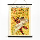 Colorful masquerade ball poster by Leonetto Cappiello titled Théâtre National De L’opéra Grand Bal De La Mi-Carême featuring dancers with vibrant streamers Poster of two masked dancers surrounded by colorful streamers at the Grand Bal by Leonetto Cappiello.