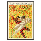 Colorful masquerade ball poster by Leonetto Cappiello titled Théâtre National De L’opéra Grand Bal De La Mi-Carême featuring dancers with vibrant streamers Poster of two masked dancers surrounded by colorful streamers at the Grand Bal by Leonetto Cappiello.