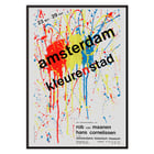 Amsterdam Color City by Hans Cornelissen vibrant abstract splatter artwork poster Poster of abstract paint splatters with text Amsterdam kleuren stad by Hans Cornelissen in bold over colorful background.
