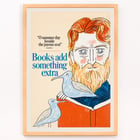 Illustration of a bearded man reading with seagulls by Bill Sokol titled Books add something extra Poster titled Books add something extra by Bill Sokol featuring a bearded man with birds and an open book.