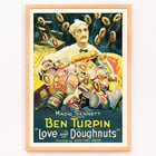 Love and Doughnuts by artist featuring a baker surrounded by flying doughnuts and canned goods Poster for the film Love and Doughnuts featuring a chef surrounded by flying doughnuts and canned goods.