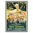 Love and Doughnuts by artist featuring a baker surrounded by flying doughnuts and canned goods Poster for the film Love and Doughnuts featuring a chef surrounded by flying doughnuts and canned goods.