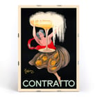„Contratto“ von Leonetto Cappiello, lebendige Kunst mit Frau mit Champagnerglas Poster einer Frau, die ein großes Champagnerglas mit überquellenden Blasen hält, Contratto von Leonetto Cappiello.