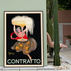 „Contratto“ von Leonetto Cappiello, lebendige Kunst mit Frau mit Champagnerglas Poster einer Frau, die ein großes Champagnerglas mit überquellenden Blasen hält, Contratto von Leonetto Cappiello.