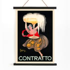 „Contratto“ von Leonetto Cappiello, lebendige Kunst mit Frau mit Champagnerglas Poster einer Frau, die ein großes Champagnerglas mit überquellenden Blasen hält, Contratto von Leonetto Cappiello.