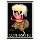 „Contratto“ von Leonetto Cappiello, lebendige Kunst mit Frau mit Champagnerglas Poster einer Frau, die ein großes Champagnerglas mit überquellenden Blasen hält, Contratto von Leonetto Cappiello.