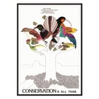 Illustration of colorful birds on a tree by US Information Agency Conservation is All Year Poster featuring colorful birds on a tree with conservation message titled Conservation is All Year by US Information Agency.