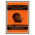Louis Armstrong playing trumpet in a vintage poster titled Louis Armstrong Appearance by US Information Agency Poster of Louis Armstrong and his All Stars at UNESCO Theater by US Information Agency featuring jazz trumpet illustration.