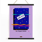 Colorful poster featuring Jazz Jay Hoggard Quintet artwork. Poster with abstract design and text Jazz Jay Hoggard Quintet showcasing vibrant colors and geometric shapes.