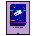 Colorful poster featuring Jazz Jay Hoggard Quintet artwork. Poster with abstract design and text Jazz Jay Hoggard Quintet showcasing vibrant colors and geometric shapes.