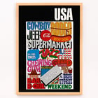 Colorful pop art featuring USA text and American cultural icons by U.S. Information Agency. Poster featuring vibrant American cultural symbols and words by U.S. Information Agency titled USA.