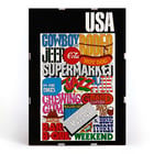 Colorful pop art featuring USA text and American cultural icons by U.S. Information Agency. Poster featuring vibrant American cultural symbols and words by U.S. Information Agency titled USA.