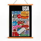 Colorful pop art featuring USA text and American cultural icons by U.S. Information Agency. Poster featuring vibrant American cultural symbols and words by U.S. Information Agency titled USA.