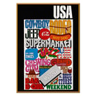 Colorful pop art featuring USA text and American cultural icons by U.S. Information Agency. Poster featuring vibrant American cultural symbols and words by U.S. Information Agency titled USA.