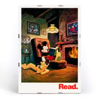 Mickey Mouse reading by the fireplace Read by American Library Association U.S. Information Agency Poster featuring Mickey Mouse reading by the fireplace with Pluto titled Read American Library Association by US Information Agency