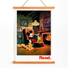 Mickey Mouse reading by the fireplace Read by American Library Association U.S. Information Agency Poster featuring Mickey Mouse reading by the fireplace with Pluto titled Read American Library Association by US Information Agency