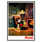 Mickey Mouse reading by the fireplace Read by American Library Association U.S. Information Agency Poster featuring Mickey Mouse reading by the fireplace with Pluto titled Read American Library Association by US Information Agency