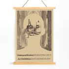 Undergrad student art exhibition poster by Lanny Sommese featuring a surreal silhouette with easels and a cathedral backdrop. Poster showcasing surreal artwork featuring a face and easels in a cathedral setting by Lanny Sommese. Art exhibition.