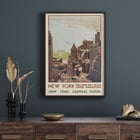Aerial view of Lower Manhattan and Upper Bay painted by Leslie Ragan in the artwork New York Central System. Poster of New York skyscrapers and bay view from Lower Manhattan by artist Leslie Ragan titled New York Central System.
