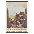 Aerial view of Lower Manhattan and Upper Bay painted by Leslie Ragan in the artwork New York Central System. Poster of New York skyscrapers and bay view from Lower Manhattan by artist Leslie Ragan titled New York Central System.