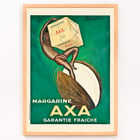 Margarine Axa by Leonetto Cappiello features a vibrant advertisement poster with a figure holding a large cube of margarine against a green background. Poster of Margarine Axa by Leonetto Cappiello featuring a person holding a large cube of Axa margarine on a green background.