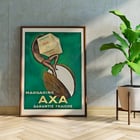 Margarine Axa by Leonetto Cappiello features a vibrant advertisement poster with a figure holding a large cube of margarine against a green background. Poster of Margarine Axa by Leonetto Cappiello featuring a person holding a large cube of Axa margarine on a green background.