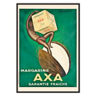 Margarine Axa by Leonetto Cappiello features a vibrant advertisement poster with a figure holding a large cube of margarine against a green background. Poster of Margarine Axa by Leonetto Cappiello featuring a person holding a large cube of Axa margarine on a green background.