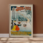 Montagnes Russes Nautiques Dites Chutes Du Niagara de Georges Meunier mettant en vedette une scène de parc d'attractions vintage avec des femmes élégamment vêtues et un manège aquatique. Poster de Montagnes Russes Nautiques Dites Chutes Du Niagara de Georges Meunier montrant une balade aquatique avec des gens qui regardent.