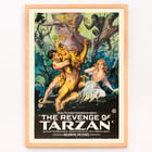 Poster art by Harry Revier featuring a dramatic jungle scene from The Revenge of Tarzan. Poster for The Revenge of Tarzan featuring jungle scene with Tarzan wrestling a lion and a woman watching with fright.