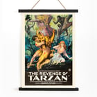 Poster art by Harry Revier featuring a dramatic jungle scene from The Revenge of Tarzan. Poster for The Revenge of Tarzan featuring jungle scene with Tarzan wrestling a lion and a woman watching with fright.