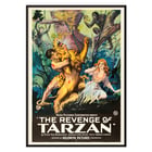 Poster art by Harry Revier featuring a dramatic jungle scene from The Revenge of Tarzan. Poster for The Revenge of Tarzan featuring jungle scene with Tarzan wrestling a lion and a woman watching with fright.