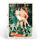 Tarzan the Ape Man by Eric Rohman classic movie poster with jungle scene and characters. Poster of Tarzan the Ape Man by Eric Rohman showing a jungle scene with Tarzan carrying a woman in his arms.