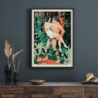 Tarzan the Ape Man by Eric Rohman classic movie poster with jungle scene and characters. Poster of Tarzan the Ape Man by Eric Rohman showing a jungle scene with Tarzan carrying a woman in his arms.