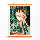 Tarzan the Ape Man by Eric Rohman classic movie poster with jungle scene and characters. Poster of Tarzan the Ape Man by Eric Rohman showing a jungle scene with Tarzan carrying a woman in his arms.