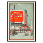 Drink Coca Cola vintage advertisement depicting a busy street scene Poster titled Drink Coca Cola showing a bustling street scene with people near a pharmacy and a large Coca Cola billboard
