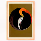 Le Gaulois artistique features an abstract design with vibrant colors. Le Gaulois artistique poster features abstract figure with fiery hair inside a dark circular frame with golden background.