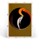 Le Gaulois artistique features an abstract design with vibrant colors. Le Gaulois artistique poster features abstract figure with fiery hair inside a dark circular frame with golden background.
