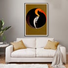 Le Gaulois artistique features an abstract design with vibrant colors. Le Gaulois artistique poster features abstract figure with fiery hair inside a dark circular frame with golden background.